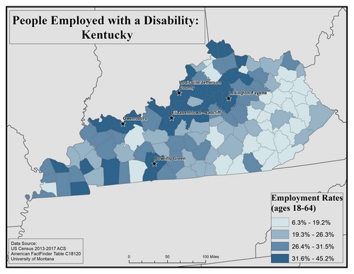 Map of KY showing rates of people with disability employed. Text description on page.