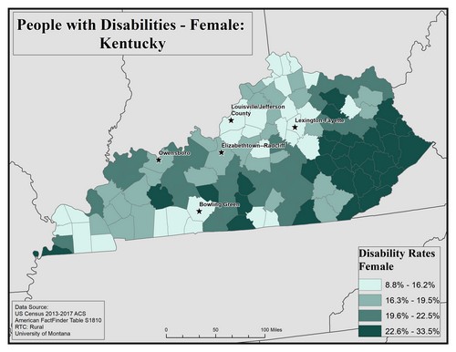 Map of KY showing rates of disability among females. Text description on page. 