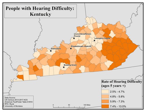 Map of KY showing rates of hearing impairment by county. Text description on page. 