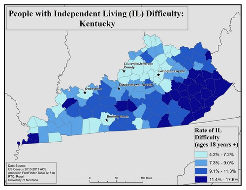 Map of KY showing rates of IL difficulty. Text description on page.