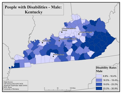 Map of KY showing rates of disability among males. Text description on page. 