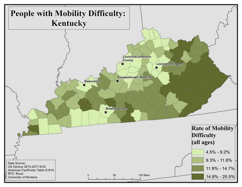 Map of KY showing rates of mobility difficulty. Text description on page.
