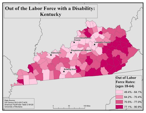 Map of KY showing rates of people with disability out of labor force. Text description on page.