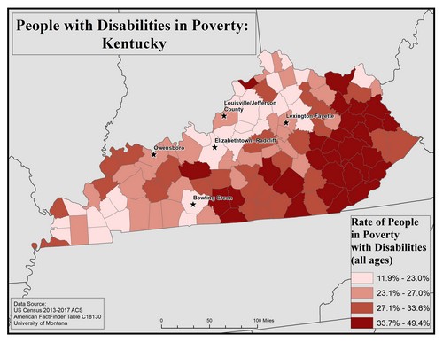Map of KY showing rates of people with disabilities in poverty. Text description on page.