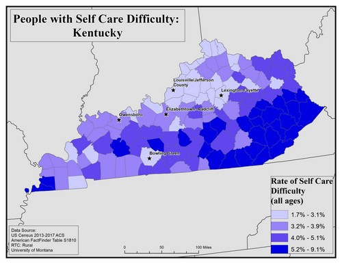 Map of KY showing rates of self-care difficulty. Text description on page.