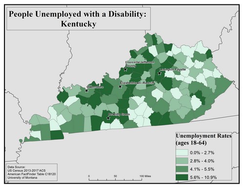 Map of KY showing rates of unemployment for people with disabilities. Text description on page.
