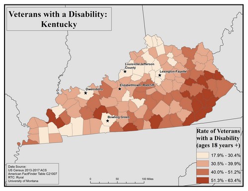 Map of KY showing rates of veterans with disability. Text description on page.