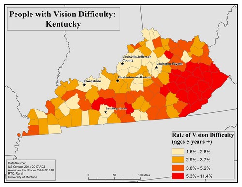 Map of KY showing rates of vision difficulty by county. Text description on page.
