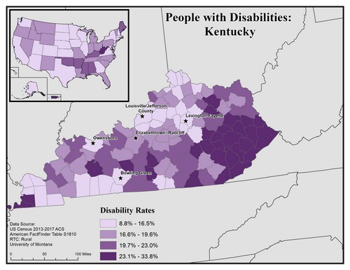 map of KY showing disability rate by county. Text description on page. 