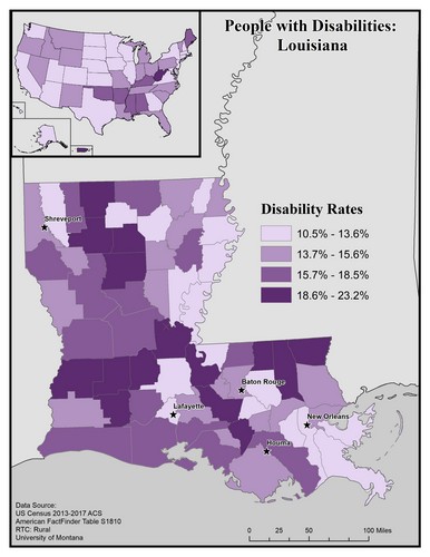 map of LA showing disability rate by county. Text description on page. 