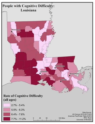 Map of LA showing rates of cognitive difficulty. Text description on page.