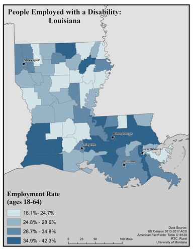 Map of LA showing rates of people with disability employed. Text description on page.
