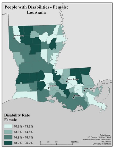 Map of LA showing rates of disability among females. Text description on page. 