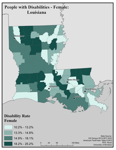 Map of LA showing rates of disability among females. Text description on page. 