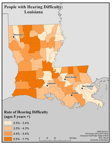 Map of LA showing rates of hearing impairment by county. Text description on page. 