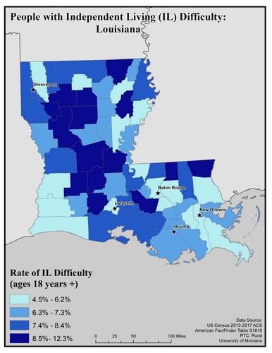 Map of LA showing rates of IL difficulty. Text description on page.