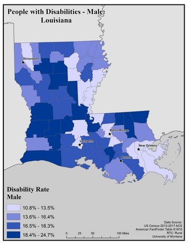 Map of LA showing rates of disability among males. Text description on page. 