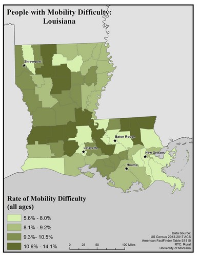 Map of LA showing rates of mobility difficulty. Text description on page.