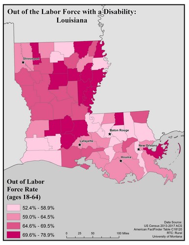 Map of LA showing rates of people with disability out of labor force. Text description on page.