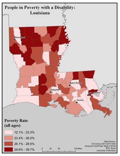 Map of LA showing rates of people with disabilities in poverty. Text description on page.