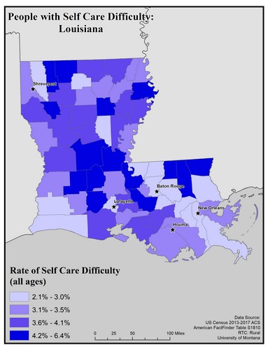 Map of LA showing rates of self-care difficulty. Text description on page.