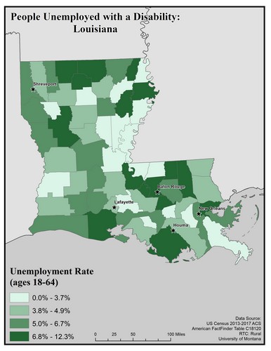 Map of LA showing rates of unemployment for people with disabilities. Text description on page.