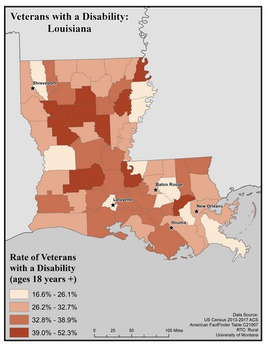 Map of LA showing rates of veterans with disability. Text description on page.