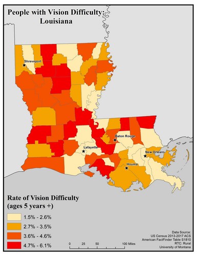 Map of LA showing rates of vision difficulty by county. Text description on page.