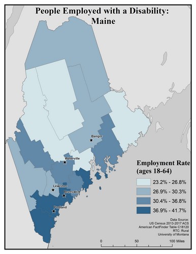 Map of ME showing rates of people with disability employed. Text description on page.