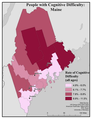 Map of ME showing rates of cognitive difficulty. Text description on page.