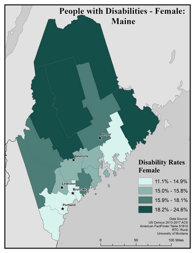 Map of ME showing rates of disability among females. Text description on page. 