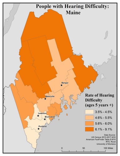 Map of ME showing rates of hearing impairment by county. Text description on page. 