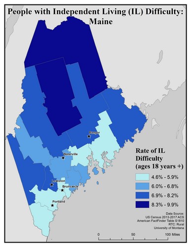 Map of ME showing rates of IL difficulty. Text description on page.