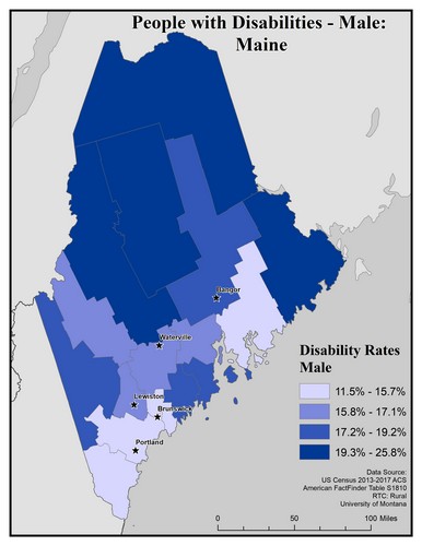 Map of ME showing rates of disability among males. Text description on page. 