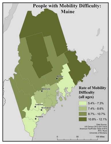 Map of ME showing rates of mobility difficulty. Text description on page.