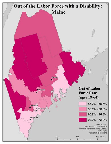 Map of ME showing rates of people with disability out of labor force. Text description on page.