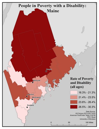 Map of ME showing rates of people with disabilities in poverty. Text description on page.