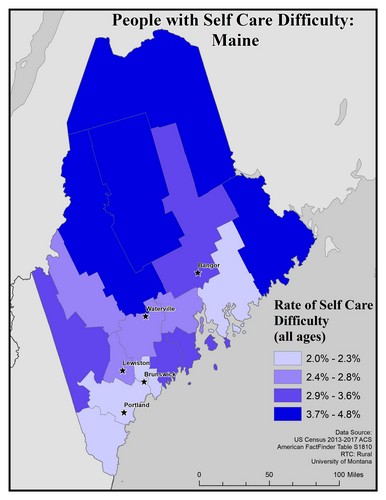 Map of ME showing rates of self-care difficulty. Text description on page.
