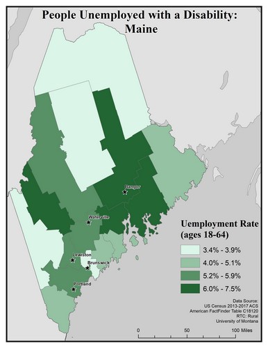 Map of ME showing rates of unemployment for people with disabilities. Text description on page.