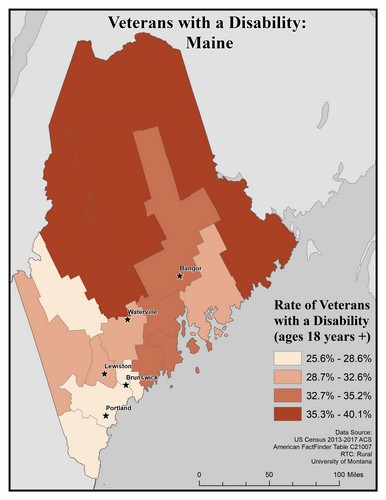 Map of ME showing rates of veterans with disability. Text description on page.
