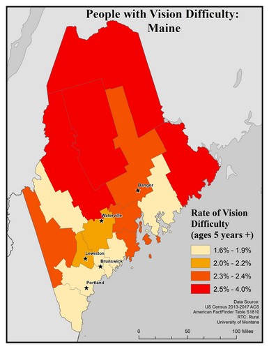 Map of ME showing rates of vision difficulty by county. Text description on page.