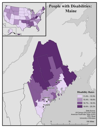 map of ME showing disability rate by county. Text description on page. 