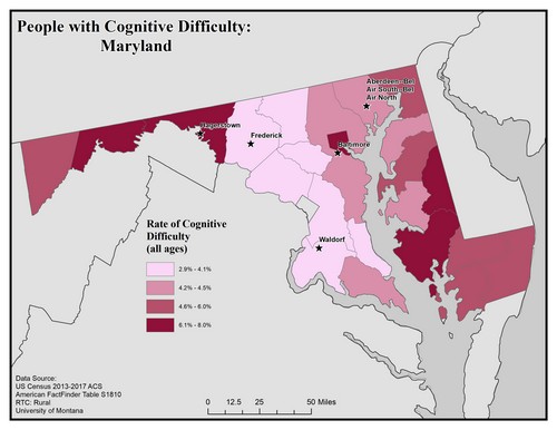 Map of MD showing rates of cognitive difficulty. Text description on page.