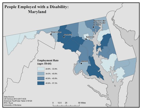 Map of MD showing rates of people with disability employed. Text description on page.