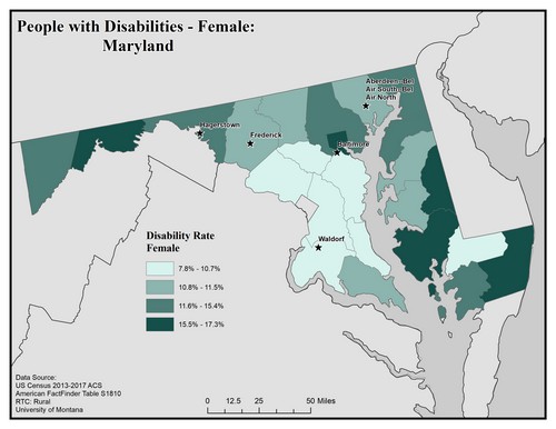 Map of MD showing rates of disability among females. Text description on page. 