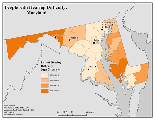 Map of MD showing rates of hearing impairment by county. Text description on page. 
