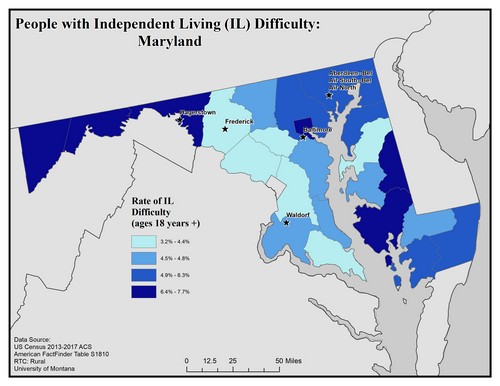 Map of MD showing rates of IL difficulty. Text description on page.