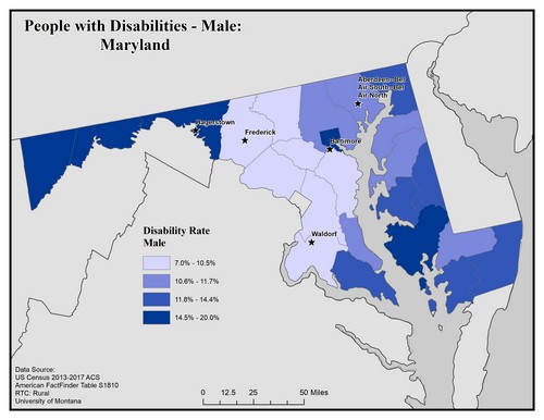 Map of MD showing rates of disability among males. Text description on page. 