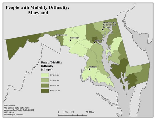 Map of MD showing rates of mobility difficulty. Text description on page.