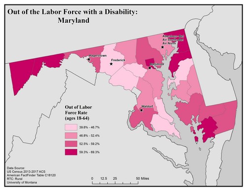 Map of MD showing rates of people with disability out of labor force. Text description on page.